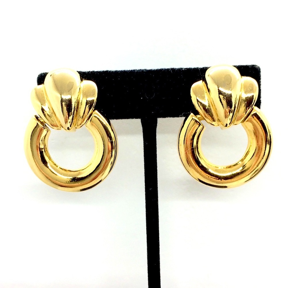 VINTAGE 80S DOOR KNOCKER CLIP ON HOOP EARRINGS GOLD TONE RUNWAY